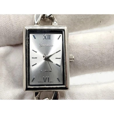 Reloj Geneva Platino Largo Envolvente Cadena Mujer Nuevo Batería Cuadrado Plateado... Foto 1 de 4
