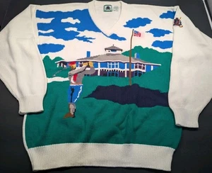Izod Golf Sweater Large Vintage 90s Y2K V Neck Loud Design 100% Cotton - Picture 1 of 8