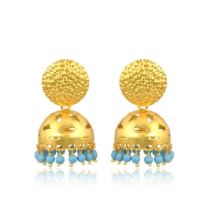 Plain Bead Gemstone Turquoise Jhumki Jhumka Earring Sterling Silver Gold Plated - Picture 1 of 9