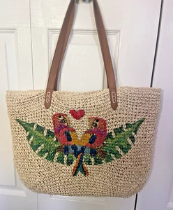INC TROPICAL PARROT LOVE WOVEN STRAW TOTE BAG 🦜❤️ LIGHTWEIGHT & BEACHY VIBES - Picture 1 of 7