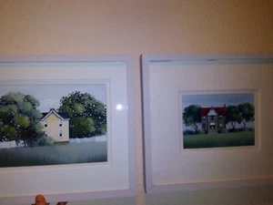 Pair 2 Original Watercolor Paintings K Gorsuch Architecture House Elevation Tree - Picture 1 of 12