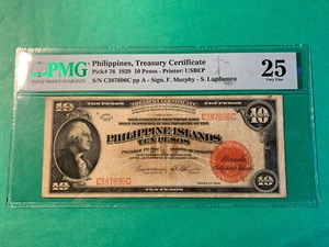 1929 PHILIPPINES TREASURY CERTIFICAT 10 PESOS WASHINGTON VIGNETE P-76 PMG VF 25 - Picture 1 of 2