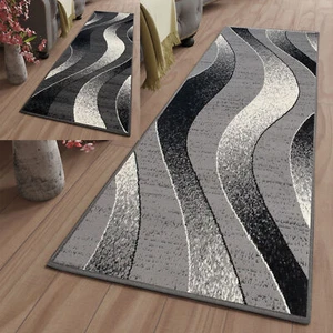 Tapis de course moderne abstrait poils courts motif vagues gris salon couloir NEUF - Photo 1/13