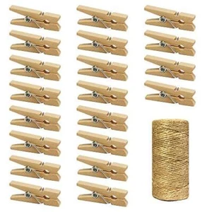 Mini Natural Wooden Clothespins with Jute Twine, 250pcs, 1 Inch Photo Paper Peg - Picture 1 of 7