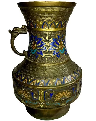 Vintage Peacock Japanese Brass Cloisonne Enamel Vase Elephant Handle Intricate - Image 1 of 4