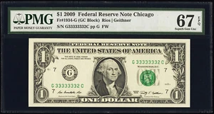 2009 $1 Federal Reserve Note Near Solid Serial G33333332C PMG Superb Gem 67 EPQ - Picture 1 of 2