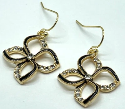 Earrings Gold Tone 4-Leaf Clover Black w/Clear Crystal Accent Charm 3/4" Square - Image 1 of 4
