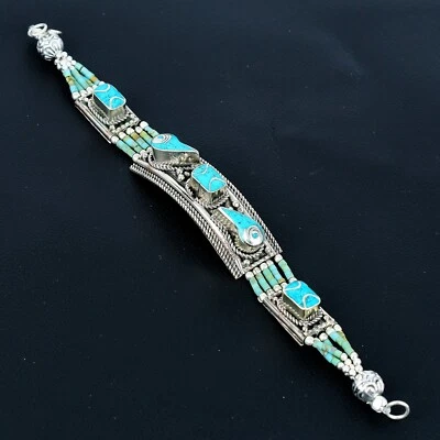 Unique Turquoise 925 Sterling Silver Tibaten Beads Bracelet Gift For Women's - Image 1 of 4