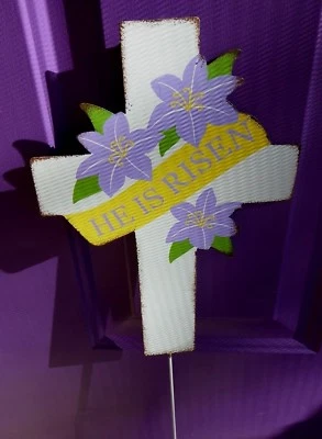 Cross He Has Risen metal Cross purple lilly's marker yard art garden stake - Image 1 of 4