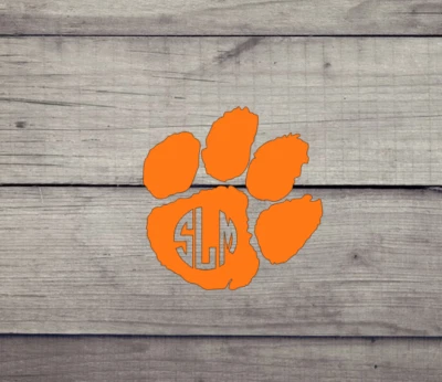 Calcomanía de vinilo Clemson Tiger Paw - nombre o monograma automático, yeti, Universidad de Clemson Foto 1 de 4