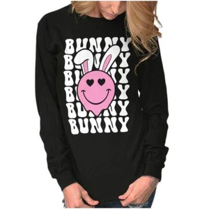 Cute Easter Bunny Ears Heart Eyes Happy Face Long Sleeve T Shirt Tees For Women - Picture 1 of 7