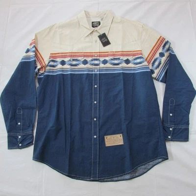 Roper Men's XXL Long Sleeve Aztec Border Print Snap Shirt Beige/Navy - Image 1 of 2