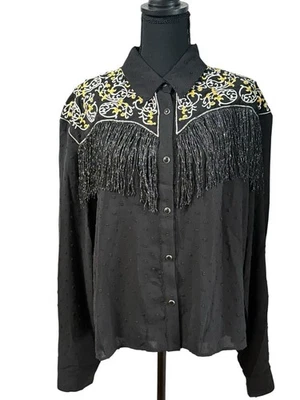 Top Grace & Emma Western Negro Metálico Vaquera Flecos Rodeo Snap Nuevo con Etiquetas Talla XL Foto 1 de 4