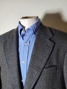 Vtg Ralph Lauren Chaps 40S Tartan Blue Melange Check Wool Tweed Blazer Jacket - Picture 1 of 9