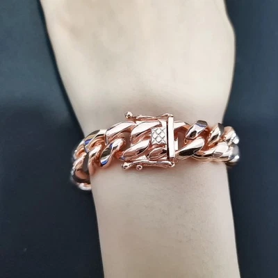 Pulsera pulsera Charms oro rosa acero inoxidable cadena cubana Miami hombres mujeres Foto 1 de 4