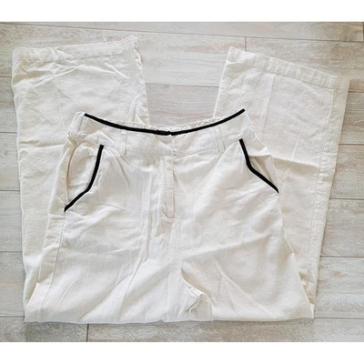 Tahari Wide Leg Linen Blend Pants Cream w/ Black Trim High Waist Women's Size L - Image 1 of 4