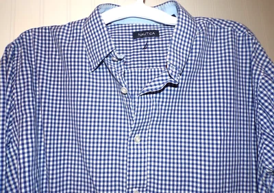 $75 NAUTICA 17 34-35 Navy BLUE WHITE checks button dress shirt Medium top MR - Image 1 of 4