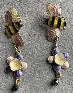 Sterling Silver BEE And Flower Dangle Enamel Post - Picture 1 of 7