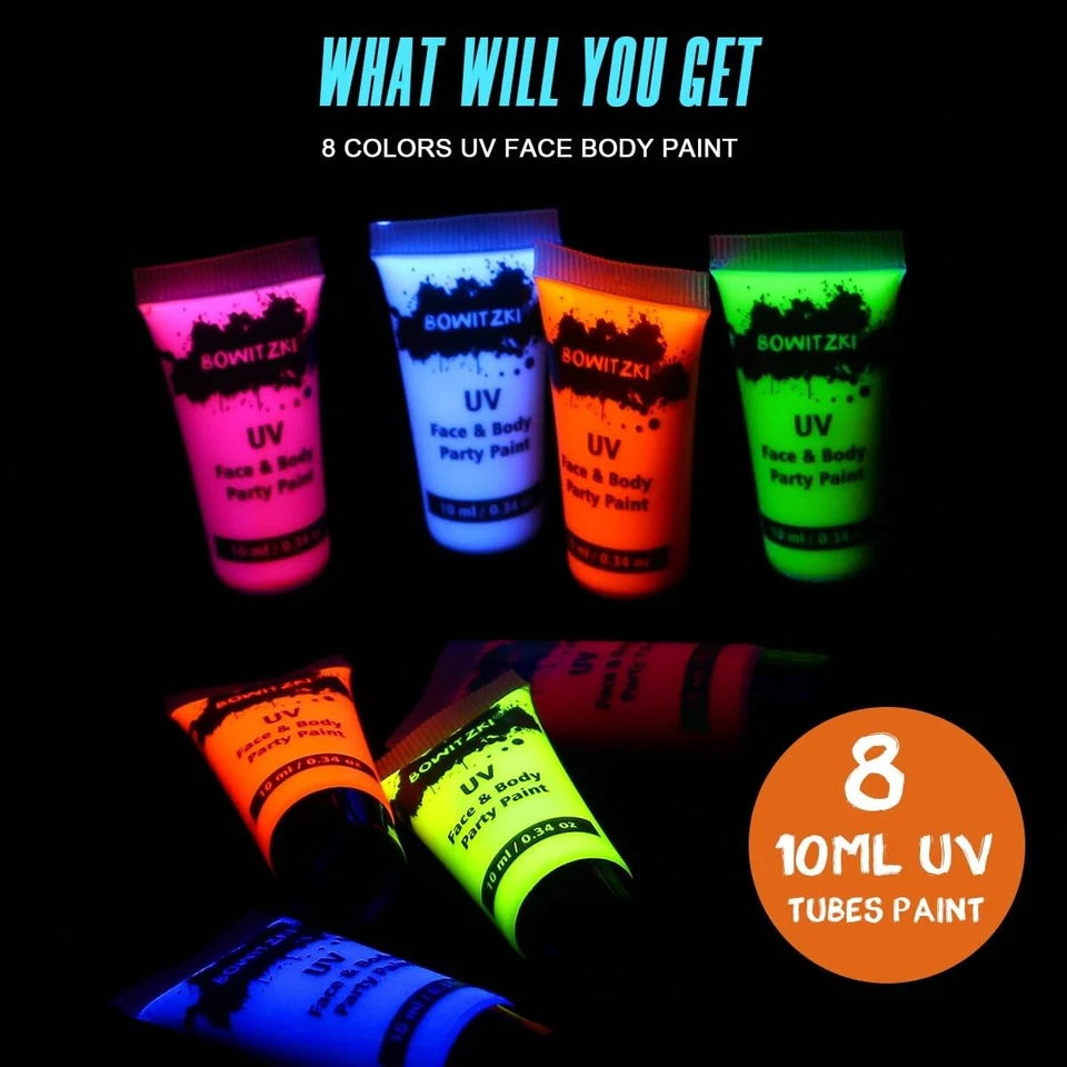 10ml* 8 Tubes UV Face Paint Glow In The Dark for Party Bar Makeup Bright Colors - Image 1 of 4