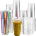 Nuogo 100 Sets 32 oz Clear Plastic Cups with Flat Lids and Straws, PET Plasti...
