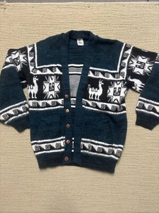 Vtg 80s 90s Alpaca Wool L/XL Grandpa Sweater Sun Knit Button Cardigan Boho - Picture 1 of 14