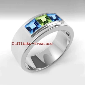 Natural Peridot  & Blue topaz Gemstones 925 Sterling Silver Band For Men's #790 - Picture 1 of 4