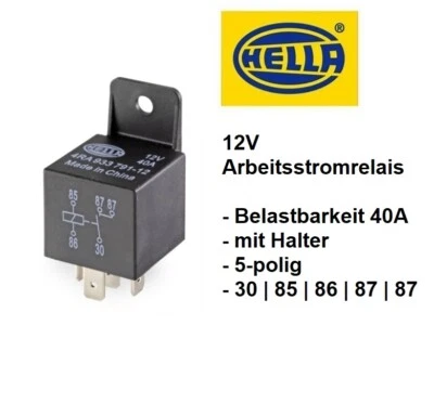 Hella Arbeitsstrom Relais 5-pol 12V 40A  + Halter Schließer 30|85|86|2x87 - Bild 1 von 4