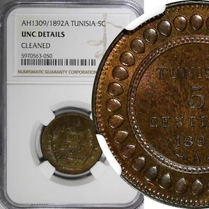 Tunisia Ali III Bronze  AH1309//1892 A 5 Centimes NGC UNC DETAILS  KM# 221 (050) - Picture 1 of 4