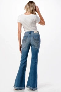 Grace in LA Women's Embroidered Raw Hem Flared Wide Leg Bell Bottom Jeans - Picture 1 of 3