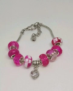 European Style Pink Adjustable Charm Bracelet 6.5 -9 Inches - Picture 1 of 15