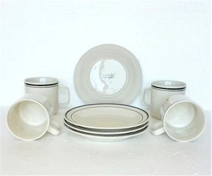 Cup and Saucer Set 8 pc NEW Stoneware Black & White Ceramic Pottery - Picture 1 of 4