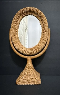 Vintage Wicker Rattan Wood Oval Mirror Table Top Vanity Standing, Hong Kong - Image 1 of 4