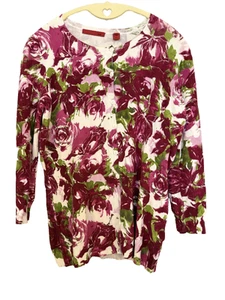 Rote Marke weiche Strickjacke Pullover Damen L rosa geblümt 3/4 Arm Preppy Landhaus - Bild 1 von 8