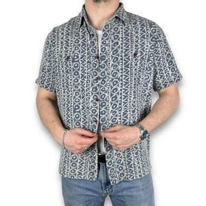 Vtg L.L. Bean Funky Patterned Short Sleeve Shirt, Blue Cream, Large Tall (S1450) - Picture 1 of 7