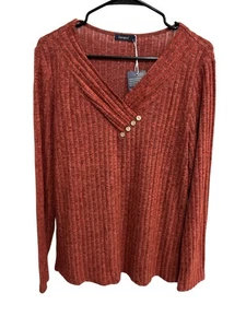 Sampeel Ribbed Long Sleeve V-Neck Top Rust Orange Sz Large Textured Cozy NWT - Picture 1 of 10