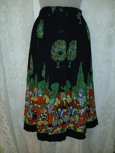 Vintage 60s Arabian Nights Novelty Boarder Print Rayon Button Down Skirt L MCM - Picture 1 of 11