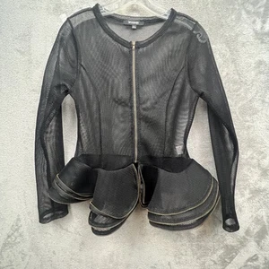 Ups & Downs Jacket Womens Large Black Mesh Peplum Sheer Ruffle Zip Up Top - Picture 1 of 10