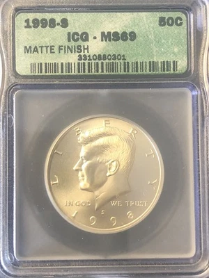 1998 S 90% Silver Kennedy Half Dollar ICG Ms69 Matte Finish Old US Coin 62k mint - Image 1 of 4