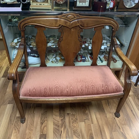 VTG 1930 Hand Made Walnut Wood & Velvet Upholstery Clawfoot Loveseat - 44"L 39"H Cover