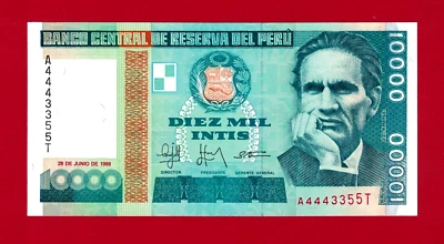 PERU 10000 DIEZ MIL INTIS 1988 UNC NOTE Sign: Ramirez, Vildosola & Mayolo P-140a - Image 1 of 3