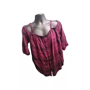 Torrid Purple Plaid Top Metallic Button Front Cold Shoulder Size 1, Pre-owned - Picture 1 of 7
