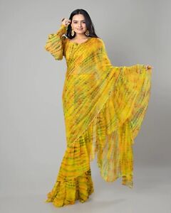 Women Saree Batik Pattern Chinnon Fabric Ruffled Designer Pre Draped Saree