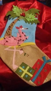 CHRISTMAS STOCKING PINK FLAMINGO TANGLED IN LIGHTS UNDER PALM TREE WITH ANTLERS - Picture 1 of 7