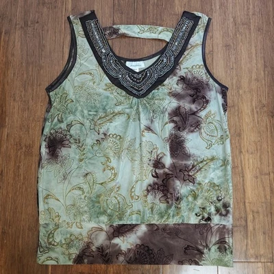 Dressbarn Women PL Green Brown Tie Dye Burnout Tank Embellished Beaded Neckline  - Image 1 of 4