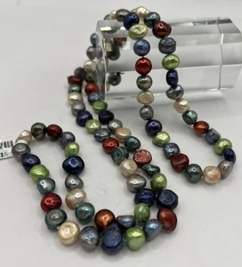 Baroque Natural Freshwater Multicolor Pearl Necklace Long 36” 10mm Rich Colors - Picture 1 of 9