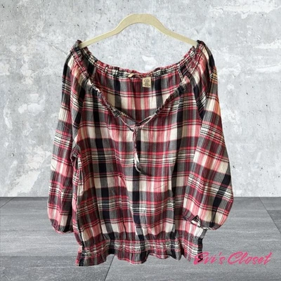 IZOD Women Peasant Blouse Red Plaid 3/4 Sleeve Drawstring Around Neckline Size M - Image 1 of 4