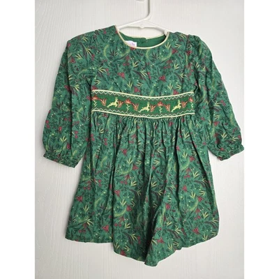 Bonnie Jean 2T缩褶假日圣诞礼服绿色金色红色驯鹿纽扣 — 第 1/3 张图片