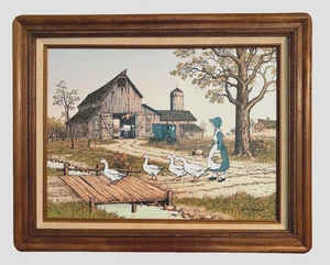 C Carson Ölgemälde Bauernhof Szene Scheune Enten signiert Holz gerahmt 20"x16" - Bild 1 von 5