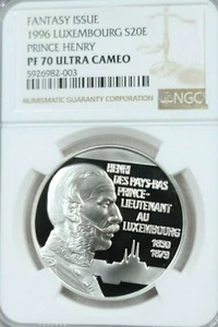 1996 LUXEMBOURG SILVER 20 EURO PRINCE HENRY NGC PF 70 ULTRA CAMEO PERFECT POP 1 - Picture 1 of 4