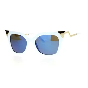 Women's Square Cat Eye Sunglasses Gold Accent Corner Zig Zag Side White, Blue - Picture 1 of 4